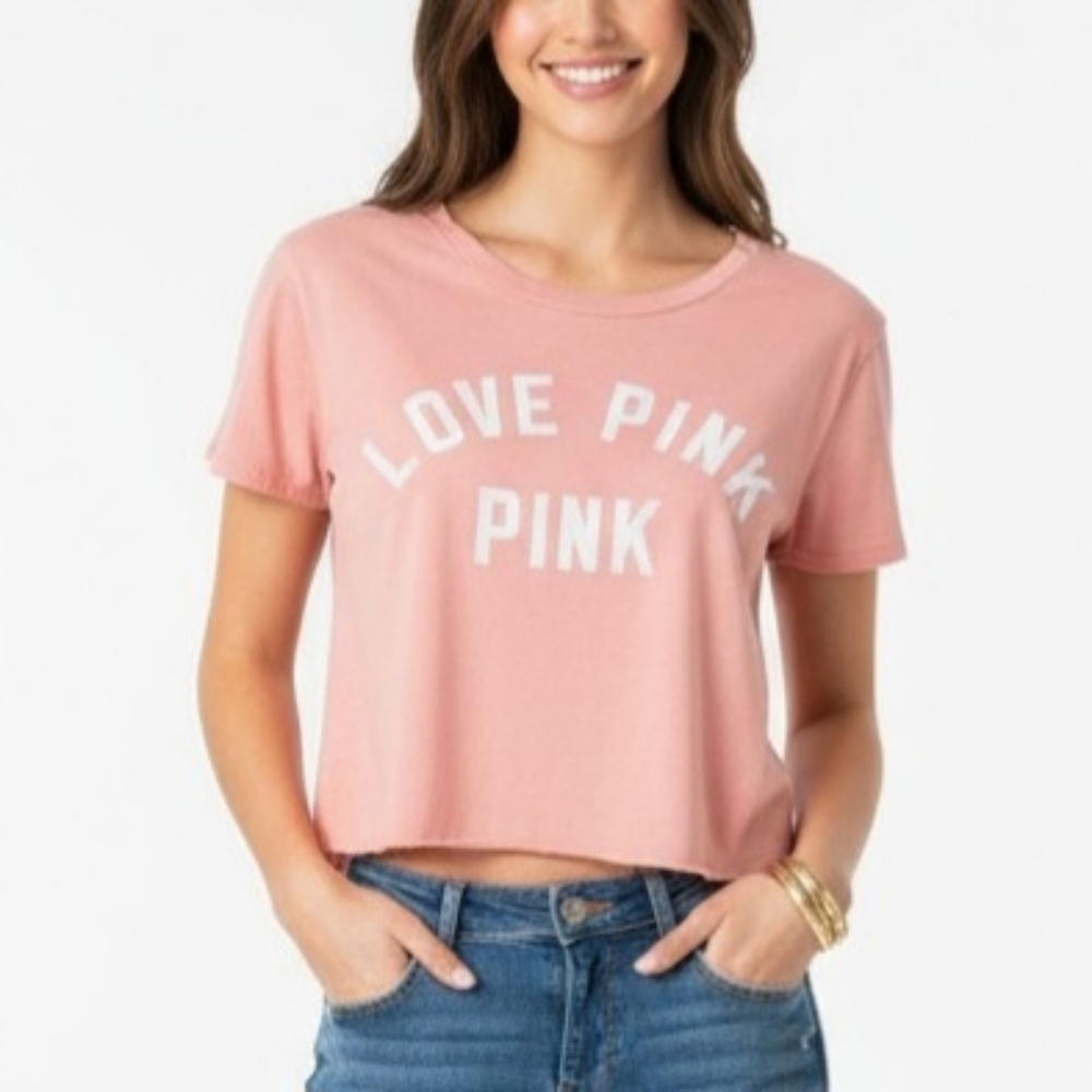 Victoria’s Secret PINK Love Pink Cropped Graphic Tee Women’s Size S – Light Pink